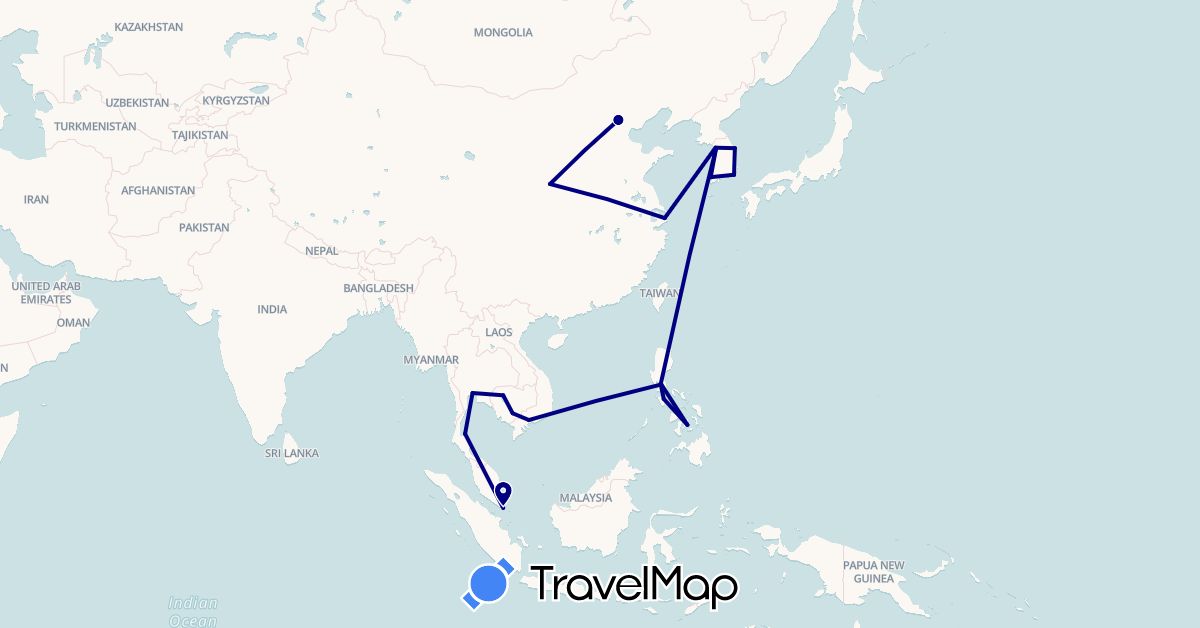 TravelMap itinerary: driving in China, Cambodia, South Korea, Philippines, Singapore, Thailand, Vietnam (Asia)
